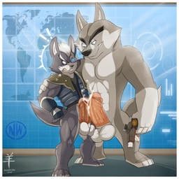 4_fingers 4_toes abs anthro ball_size_difference balls balls_touching biceps big_balls big_penis black_nose blue_eyes bodily_fluids border bottomless claws clothed clothing comparing comparing_penis countershade_face countershade_tail countershade_torso countershading cum cum_on_penis cumshot detailed_background duo ejaculation erection exclamation_point eyebrows feet fingerless_gloves fingers fluffy fluffy_tail foreskin frottage fur genital_fluids genitals glans gloves grey_body grey_fur grey_nose gun hair handwear humanoid_genitalia humanoid_hands humanoid_penis looking_at_genitalia looking_at_penis male male/male multicolored_body multicolored_fur muscular muscular_male nude open_mouth orgasm pecs penile penis penis_size_difference penises_touching pink_penis plantigrade purple_eyes ranged_weapon retracted_foreskin sex standing tail teeth thick_penis toe_claws toes tongue topwear two_tone_body two_tone_fur two_tone_tail vein veiny_penis vest weapon white_balls white_body white_border white_claws white_fur white_hair aaron_(artist) dreamworks madagascar_(series) nintendo star_fox the_penguins_of_madagascar agent_classified wolf_o'donnell canid canine canis mammal wolf 1:1 2016 crossover hi_res signature
