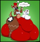 anthro big_bulge black_border border bottomwear brown_body bulge clothing detailed_bulge dog_food dog_treat duo fur gingerbread_man hat headgear headwear heart_eyes heart_symbol huge_bulge huge_thighs hyper hyper_bulge machine male multicolored_body open_mouth pet_food tail tail_motion tailwag text thick_thighs thought_bubble top_hat two_tone_body white_body white_fur yellow_eyes deonwolf deon_(deonwolf) fester_(fluffybooty) canid canine canis mammal protogen wolf 2024 english_text hi_res