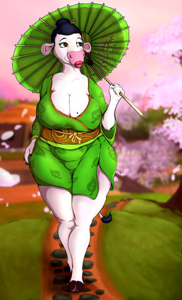 anthro asian_clothing big_breasts black_hair blue_eyeshadow breasts brown_eyes cherry_blossom clothing east_asian_clothing eyeshadow female flower green_clothing green_kimono hair holding_object holding_umbrella japanese_clothing kimono lips makeup outside pink_inner_ear pink_nose plant prunus_(flower) red_lips smile solo tail thick_lips thick_thighs tree umbrella white_body white_ears white_tail finnvigorspear wizard101 moolinda_wu bovid bovine cattle mammal 2026 absurd_res colored digital_media_(artwork) hi_res shaded