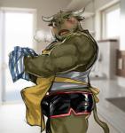 anthro apron beard biped blush bottomwear bulge clothing erection facial_hair genitals horn humanoid_hands male manly muscular muscular_male penis shirt shorts solo tank_top tenting topwear underwear kita_9999 bovid bovine cattle mammal 2019 hi_res