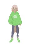 anthro blonde_hair bottomwear clothed clothing female floppy_ears fully_clothed green_eyes hair hand_in_pocket hoodie kemono light_hair oversized_clothing oversized_hoodie oversized_topwear pants pawprint_clothing pockets running_shoes smile solo sweater topwear kemari lime_(kemari) canid canine canis domestic_dog mammal absurd_res digital_media_(artwork) full-length_portrait hi_res portrait