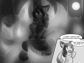 anthro bottomwear breasts chibi clothing container cup denim denim_bottomwear denim_clothing dipstick_tail female full_moon hair jacket jeans markings moon multi_tail night open_mouth pants poison shadow solo tail tail_markings text topwear tetsushi yui_kyubi canid canine fox mammal 4:3 english_text hi_res monochrome