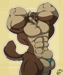 abs animal_genitalia anthro balls big_muscles big_pecs black_nose blue_eyes brown_body brown_fur eyebrows fur genitals hair huge_pecs ill_fitting_clothing male markings muscular muscular_anthro muscular_arms muscular_male navel pecs sheath simple_background standing tail tan_body tan_fur tan_markings juano haku_(maneater) alaskan_malamute canid canine canis domestic_dog hybrid mammal nordic_sled_dog spitz wolf 2009 5:6 digital_media_(artwork)