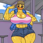 1:1 2024 abs anthro avian big_breasts biped bird bottomwear breasts chicken clothing cloud crisis-omega crop_top female galliform gallus_(genus) gynomorph_(lore) hat headgear headwear hi_res huge_breasts lgbt lgbt_pride looking_at_viewer muscle_bird muscular muscular_anthro muscular_female navel outside phasianid pride_colors shirt shorts sky solo topwear transgender_pride_colors