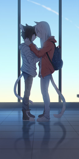 5_fingers anthro anthro_on_anthro backpack black_nose blue_eyes bottomwear brown_hair clothed clothing day denim denim_bottomwear denim_clothing detailed_background duo eye_contact fingers footwear hair high_top_shoes hoodie inside jeans looking_at_another male male/male pants pink_nose plantigrade shoes sky smile standing topwear white_hair window fumiko great_troubles hazukashii_team stardust_kids kurt_(rokito) seth_(fumiko) domestic_cat felid feline felis mammal digital_media_(artwork) hi_res shaded