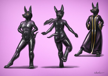 ambiguous_gender anthro clothing digitigrade facing_forward handle hands_on_hips latex looking_away nude null null_bulge pawpads pose robe solo standing rhaenjarr animate_inanimate canid canine canis jackal living_latex mammal full-length_portrait portrait