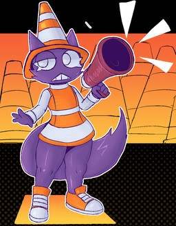 4_fingers abstract_background anthro bar_emanata big_eyes black_body black_fur cheek_tuft closed_frown clothed clothing emanata eyelashes facial_tuft female fingers flat_chested footwear front_view frown fur furgonomic_headwear furgonomics holding_megaphone megaphone mouth_closed multicolored_clothing multicolored_shirt multicolored_topwear no_pupils orange_clothing orange_footwear orange_shirt orange_shoes orange_topwear outline shirt shoes solo standing tail teeth thick_thighs three-quarter_view topwear traffic_cone tuft two_tone_clothing two_tone_shirt two_tone_topwear white_clothing white_eyes white_outline white_shirt white_topwear wide_hips lizardfungus cc-by-nc-nd creative_commons domestic_cat felid feline felis mammal 2025 aliasing binary_drawing digital_drawing_(artwork) digital_media_(artwork) full-length_portrait hi_res portrait