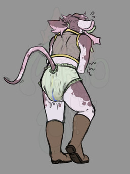 anthro biped black_body black_fur clothed clothing diaper feces female fur mottled mottled_body mottled_fur pooping rear_view rumbling_stomach soiled_diaper soiling soiling_diaper solo unclean_diaper used_diaper using_diaper wearing_diaper wetness_indicator white_body white_fur kinkcapshroom bovid bovine cattle mammal 2026 3:4 digital_drawing_(artwork) digital_media_(artwork) distracting_watermark hi_res watermark