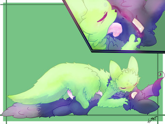 animal_genitalia animal_penis big_tail blush bodily_fluids cheek_tuft chest_tuft cum dominant duo erection eyes_closed facial_markings facial_tuft feral feral_on_feral feral_penetrated feral_penetrating feral_penetrating_feral fluffy fluffy_ears fur genital_fluids genitals green_body green_fur head_markings kissing leaf leaf_on_head leaking_cum long_tongue lying male male/male male_penetrated male_penetrating male_penetrating_male markings multicolored_body multicolored_fur neck_tuft on_bottom on_top penetration penis sex simple_background tail tapering_penis tapering_tail text tongue tongue_penetration tuft two_tone_body two_tone_fur wet l3st rain_world videocult neppy_(namaport) saint_(rain_world) slugcat 4:3 absurd_res artist_name hi_res signature