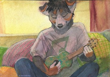 5_fingers anthro biped black_body black_fur black_hair black_nose bottomwear brown_body brown_fur clothed clothing eyes_closed fingers fur hair holding_musical_instrument holding_object lute male multicolored_body multicolored_fur musical_instrument pants pillow playing_music plucked_string_instrument shirt sitting smile solo string_instrument topwear ukulele white_body white_clothing white_fur white_shirt white_topwear koul bernese_mountain_dog canid canine canis domestic_dog mammal molosser mountain_dog swiss_mountain_dog 2019