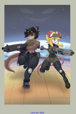 anthro black_bottomwear black_clothing black_gloves black_handwear black_nose black_pants black_shirt black_topwear blonde_hair blue_eyes bottomwear brown_body brown_fur bulge bulletproof_vest clothing duo eyewear eyewear_on_head femboy frown fur gloves goggles goggles_on_head green_bottomwear green_clothing green_gloves green_handwear green_hat green_headwear green_shorts green_topwear green_vest gun hair half-closed_eyes handwear hat headgear headwear holding_gun holding_object holding_ranged_weapon holding_weapon looking_away male midriff narrowed_eyes night_vision_goggles pants pink_nose pupils ranged_weapon sci-fi_gun shirt shorts smile smirk sparkles tan_body tan_fur thick_thighs topwear vest weapon white_body white_fur mr-shin contra konami marvin_(mr-shin) shin_(mr-shin) mammal mouse murid murine mustelid otter river_otter rodent 2026 2:3 absurd_res hi_res