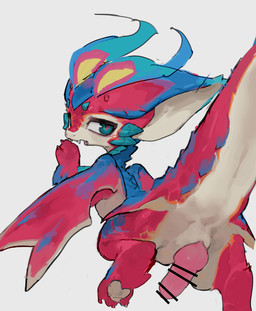 blue_eyes bodily_fluids censor_bar fangs feral genitals looking_at_viewer looking_back looking_back_at_viewer male multicolored_body penis pupils red_pupils simple_background solo sweat tail teeth wings young ramssa league_of_legends mythology riot_games tencent smolder_(lol) dragon mythological_creature mythological_scalie scalie hi_res