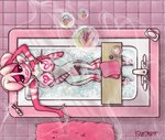 anthro bathtub breasts detailed_background female fur genitals masturbation multi_arm multi_limb multicolored_body multicolored_fur open_mouth open_smile pink_body pink_fur pussy smile solo two_tone_body two_tone_fur water white_body white_fur thefandump hazbin_hotel molly_(hazbin_hotel) arachnid arthropod demon spider absurd_res hi_res