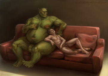 belly duo ear_piercing ear_ring facial_piercing feet furniture genitals green_body green_skin hair happy human_on_humanoid husband interspecies larger_humanoid larger_male male male/male navel navel_piercing navel_ring nose_piercing nose_ring not_furry nude overweight overweight_humanoid penis piercing ring_piercing size_difference slightly_chubby smaller_human smaller_male smile smug sofa thick_thighs lostgoose human humanoid mammal orc 2019