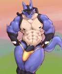 2021 abs anthro barazoku big_muscles big_penis clothed clothing erection erection_under_clothing front_view generation_4_pokemon genitals hi_res licking licking_lips licking_own_lips looking_at_viewer lucario male muscular muscular_anthro muscular_male navel nintendo nipples pecs penis pokemon pokemon_(species) raikarou self_lick simple_background smile solo spikes spikes_(anatomy) standing tenting thick_penis thick_thighs thong tongue tongue_out underwear