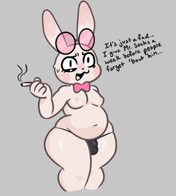 anthro bulge cigarette clothing detailed_bulge dialogue eyewear makeup male overweight shortstack shortstack_male slightly_chubby solo sunglasses text thong underwear stockingmiami scotch_(stockingmiami) lagomorph leporid mammal rabbit english_text hi_res