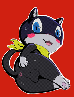 anus backsack balls blush bodily_fluids feral genitals male mask presenting scarf solo sweat sweatdrop tail toony newdlz atlus megami_tensei persona_(series) persona_5 sega morgana_(persona) domestic_cat felid feline felis mammal absurd_res hi_res