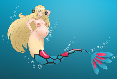 belly big_belly blonde_hair blue_body blue_scales breasts featureless_crotch female gradient_background hair hand_on_hip looking_at_viewer nipples nude pokemon_champion pregnant pregnant_female scales simple_background solo split_form tan_body underwater water joyvell nintendo pokemon cynthia_(pokemon) aquatic generation_3_pokemon humanoid merfolk milotic pokemon_(species) 2025 hi_res