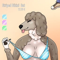 anthro bikini bikini_pull bikini_top black_nose blep blue_clothing breasts clothing clothing_pull curled_fur currency_symbol euro_sign fake_advertisement female fur gradient_background grey_body grey_fur happy heart_(marking) markings medium_breasts modelling multicolored_body nipple_slip pattern_clothing pink_tongue simple_background solo striped_clothing stripes swimwear swimwear_pull symbol text tongue tongue_out two-piece_swimsuit two_tone_body white_body white_fur barkbeast background_character lyra_(barkbeast) canid canine canis domestic_dog mammal poodle 1:1 hi_res shaded