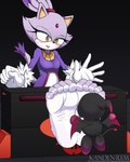 5_toes barefoot enjoying feet female foot_fetish foot_lick foot_play fur humanoid_feet licking plantigrade purple_body purple_fur restraints soles stocks toes tongue tongue_out kandenrem sega sonic_the_hedgehog_(series) blaze_the_cat chao_(sonic) dark_chao domestic_cat felid feline felis mammal hi_res