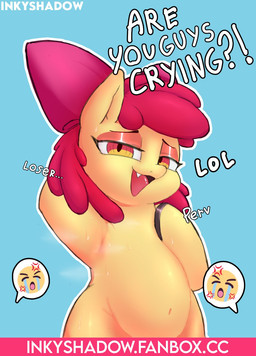 anthro big_bow bodily_fluids bow_ribbon cross-popping_vein crying crying_emoji degradation degradation_kink female hair hoof_hands hooves insult insulting_viewer mesugaki navel open_mouth orange_eyes red_hair smug smug_face solo speech_bubble tan_body tears teasing teasing_viewer teeth text tongue young inkyshadow fanbox friendship_is_magic hasbro my_little_pony uohhhhhhhhh! apple_bloom_(mlp) equid equine horse mammal pony 2025 colored digital_drawing_(artwork) digital_media_(artwork) hi_res signature url watermark
