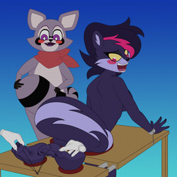 4_fingers 4_toes anthro aroused barefoot black_body black_fur black_nose blush breasts cheek_tuft covering covering_crotch covering_self disembodied_hand duo_focus facial_tuft feet female fingers fluffy fluffy_tail foot_fetish fur fur_tuft group hair humanoid_feet kerchief kerchief_only looking_at_foot looking_back male markings mostly_nude mostly_nude_anthro mostly_nude_male multicolored_body multicolored_fur multicolored_hair neckerchief neckerchief_only neckwear nude nude_anthro nude_female open_mouth open_smile pink_eyes pink_hair plantigrade purple_body purple_eyes purple_fur purple_hair red_kerchief red_neckerchief restrained restraints smile soles striped_markings striped_tail stripes tail tail_markings teeth tickle_fetish tickle_torture tickling tickling_feet toe_restraints toes tongue tuft two_tone_hair white_body white_fur yellow_sclera tklninja indigo_park rambley_raccoon salem_the_skunk mammal mephitid procyonid raccoon skunk 2024 hi_res