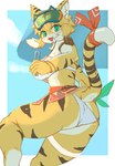 2022 5_fingers anthro big_breasts bikini black_stripes blonde_hair blush breasts butt clothing cloud cygames felid female female_anthro fingers fur green_eyes hair hi_res holding_object inner_ear_fluff kemono looking_at_viewer looking_back looking_back_at_viewer mammal mia_(world_flipper) multicolored_body multicolored_fur navel neck_tuft open_mouth open_smile pantherine raaggu raised_tail sky smile solo stripes swimwear tail tiger tongue tuft two_tone_body two_tone_fur white_bikini white_body white_clothing white_fur white_swimwear world_flipper yellow_body yellow_fur