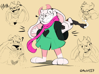 anthro black_eyes black_eyewear black_glasses black_nose clothing cosplay crossover_cosplay eyewear glasses green_clothing green_topwear gun hair handgun holding_object holding_weapon horn laugh male open_mouth pink_horn pink_inner_ear pink_scarf pistol question_mark ranged_weapon scarf sharp_teeth solo teeth text topwear weapon white_body white_ears white_hair meeart117 deltarune sam_and_max undertale_(series) max_(sam_and_max) ralsei lagomorph leporid mammal rabbit 2026 4:3 artist_name colored crossover digital_media_(artwork) hi_res multiple_scenes shaded