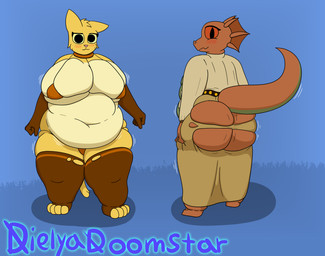 anthro big_breasts big_butt bikini blush bottomwear breasts butt choker clothing duo female front_view gloves handwear huge_breasts jewelry necklace obese overweight rear_view shirt skirt swimwear toeless_legwear toeless_stockings topwear torn_clothing two-piece_swimsuit dielya_doomstar bethesda_game_studios microsoft oblivion prequel_adventure the_elder_scrolls katia_managan quill-weave argonian felid khajiit mammal scalie hi_res