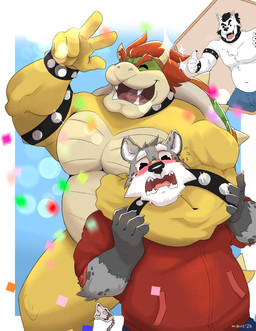 anthro band-aid bandage belly biceps black_hair blush clothed clothing collar fur group hair hoodie horn jewelry male muscular open_mouth paws shell simple_background smile spikes teeth text tongue topwear trio white_body elmaus mario_bros nintendo bowser gary_anderson langdon_marston canid canine canis domestic_dog husky hyena koopa mammal nordic_sled_dog scalie spitz spotted_hyena absurd_res hi_res