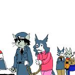 1:1 ambiguous_gender arrested clothing felid group low_res mammal mick39 police rain_silves sergal simple_background tail track_pants tracksuit white_background