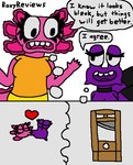 alternative_fashion anthro bright_colors choker dialogue duo eyelashes female female/female gills goth guillotine heart_symbol jewelry kissing necklace shell simple_background smile teeth text thought_bubble toony white_background roxyreviews ilsa_(roxyreviews) nadine_(roxyreviews) amphibian axolotl gastropod marine mole_salamander mollusk purple_sea_snail salamander snail comic english_text trans_(lore) trans_woman_(lore)