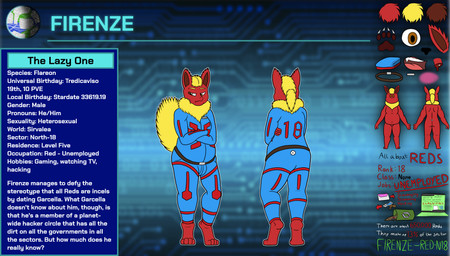 anthro belt big_butt blonde_hair blonde_mane blue_clothing brown_eyes butt clothing computer crossed_arms currency electronics envelope fur hair jumpsuit male mane name_tag number_on_clothing overweight overweight_male patch_(fabric) pawpads planet ponytail pouting red_body red_clothing red_fur solo tail text trash trash_can yellow_tail scoutthecat02 nintendo pokemon firenze_(scoutthecat02) eeveelution flareon generation_1_pokemon pokemon_(species) absurd_res english_text hi_res model_sheet