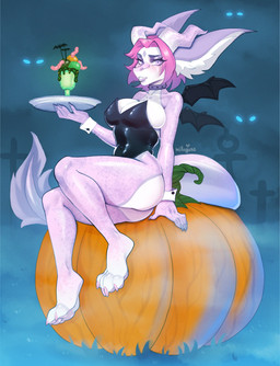 anthro big_breasts big_butt big_ears breasts butt clothing collar ears_back female food fruit hair horn leotard nails non-mammal_breasts pawpads paws pink_body pink_hair pivoted_ears plant pumpkin purple_eyes simple_background tail thick_thighs white_body wide_hips wings millouyre mythology dragon mythological_creature mythological_scalie scalie absurd_res hi_res