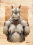 anthro black_nipples breasts female grey_body grey_skin horn mammal nipples nude rhinoceros scale_(artist) solo southern_white_rhino traditional_media_(artwork) white_rhinoceros