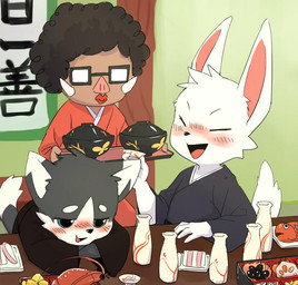 alcohol anthro beverage blush drunk eyes_closed food furniture group holidays inside kemono male open_mouth sake smile substance_intoxication table young young_anthro young_male manmosu_marimo new_year manmosu_marimo_(character) domestic_cat domestic_pig felid feline felis lagomorph leporid mammal rabbit suid suine sus_(pig) 2015 digital_media_(artwork)