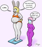 anthro big_breasts bloated blonde_hair blue_eyes breasts clothing duo female fur grey_body grey_fur hair slime text underwear klovs laura_(klovs) lina_(klovs) humanoid lagomorph leporid mammal rabbit absurd_res english_text hi_res