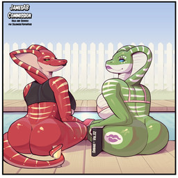 anthro bikini bikini_top blue_sclera border clothing crop_top duo female green_body green_scales green_sclera half-closed_eyes lips looking_at_viewer looking_back looking_back_at_viewer narrowed_eyes poolside red_body red_scales scales shirt smile snake_hood striped_body striped_scales stripes swimwear thick_bottom_lip topwear two-piece_swimsuit white_border white_stripes yellow_stripes jamesab cobra reptile scalie snake 1:1 hi_res