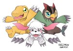 anthro beak blue_eyes brown_body brown_feathers claws feathers female feral fur green_eyes group male trio white_body white_fur yellow_body a_midnight_cat bandai_namco digimon digimon_survive agumon_(survive) falcomon_(survive) labramon_(survive) agumon avian bird canid canine digimon_(species) dinosaur falcomon labramon mammal prehistoric_species reptile scalie absurd_res hi_res