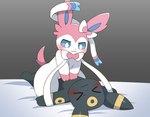 >_< ambiguous/ambiguous ambiguous_gender bed black_body black_fur blue_eyes blush duo eyes_closed feral fur furniture looking_at_another on_bed pinned ribbons_(anatomy) seductive simple_background smile tail white_body white_fur sum nintendo pokemon eeveelution generation_2_pokemon generation_6_pokemon pokemon_(species) sylveon umbreon