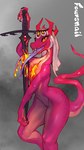 anthro claws curvy_figure female forked_tongue gore horn looking_at_viewer melee_weapon nude pink_body pink_scales scales sharp_teeth solo standing sword tail teeth tongue tongue_out weapon foursnail mythology dragon mythological_creature mythological_scalie reptile scalie signature