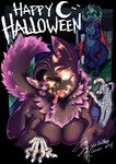 black_body black_fur bone breasts duo female fur holidays jack-o'-lantern tongue tongue_out kui_lin_chen halloween canid canine canis demon domestic_cat felid feline felis humanoid mammal wolf absurd_res hi_res