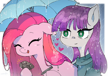 clothing duo eyes_closed female feral green_eyes grey_body hair heart_symbol holding_object long_hair marker open_mouth pink_body pink_hair purple_hair raining sweater topwear umbrella wet wet_hair writing_utensil nendo friendship_is_magic hasbro my_little_pony boulder_(mlp) maud_pie_(mlp) pinkie_pie_(mlp) earth_pony equid equine horse mammal pony 2021 hi_res sibling_(lore) sister_(lore) sisters_(lore)