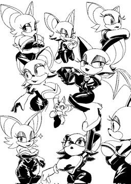 anthro big_breasts breasts chaos_emerald clothed clothing eyelashes female gem latex looking_at_viewer makeup multiple_poses one_eye_closed pose shortstack simple_background wings wink oppmann sega sonic_the_hedgehog_(series) rouge_the_bat bat mammal hi_res monochrome