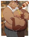 alcohol anthro beer belly beverage blush bottomwear brown_body brown_fur clothed clothing cute_fangs duo fangs fur humanoid_hands male moobs navel nipples open_clothing open_shirt open_topwear overweight overweight_male pants shirt teeth topwear wet aqui paqaaqap bear mammal 2019