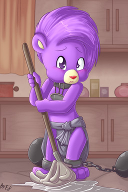 anthro cleaning_tool collar female fur mop purple_body purple_eyes purple_fur red_nose slave solo working young young_anthro young_female fuf disney gummi_bears fiona_gummi_(fan_character) bear mammal 2:3 absurd_res hi_res