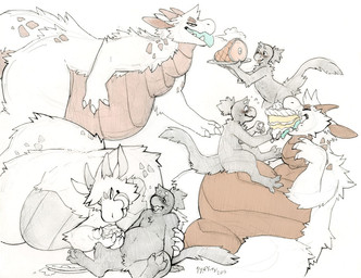 3_toes 4_fingers ambiguous_gender belly blue_tongue blush cake chest_tuft cinnamon_bun claws dessert duo eating eye_contact feeder feet feral fingers food force_feeding forced frosting hair horn looking_at_another looking_at_partner meat meat_on_bone messy neck_bulge obese on_top open_mouth overweight overweight_ambiguous pastry plate scales sitting size_difference standing straddling tail text thick_thighs tied_hair toes tongue tongue_out tuft weight_gain matuska mythology ambiguous_species avian dragon mythological_creature mythological_scalie scalie 2017
