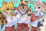 alcohol amber_eyes anthro asian_clothing bedroom_eyes beverage big_breasts blonde_hair blue_eyes blush bottle bottomwear breasts brown_body brown_fur cheek_tuft chest_tuft cleavage clothed clothing container drunk east_asian_clothing facial_tuft female fur gohei grey_body grey_fur group hair hakama haori holding_object huge_breasts inner_ear_fluff japanese_clothing kemono long_hair looking_at_viewer miko_outfit multicolored_body multicolored_fur narrowed_eyes neck_tuft open_mouth pawpads ponytail red_bottomwear red_clothing red_hakama sake seductive short_hair simple_background smile substance_intoxication text tuft white_body white_fur white_haori tetto canid canine canis domestic_dog mammal shiba_inu spitz 2020 half-length_portrait hi_res japanese_text portrait