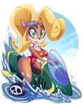 anthro big_breasts blonde_hair breasts clothing eyewear eyewear_on_head female goggles goggles_on_head hair jetski long_hair one-piece_swimsuit solo swimwear water wide_hips sorprendante activision crash_bandicoot_(series) coco_bandicoot bandicoot mammal marsupial 2022 absurd_res hi_res