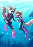 anthro breasts clothing diving duo female female/female hand_holding scuba swimwear underwater water wetsuit chef_cheiro_(artist) ocaritna ocaritna_(character) okane_akemi canid canine canis domestic_dog mammal wolf absurd_res hi_res